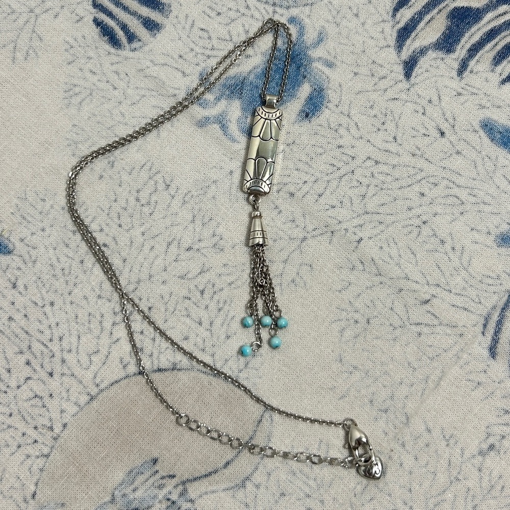 Brighton Marrakesh Mesa Necklace Tassel Turquoise Hue Silver Plated Etched Bar - Picture 3 of 15